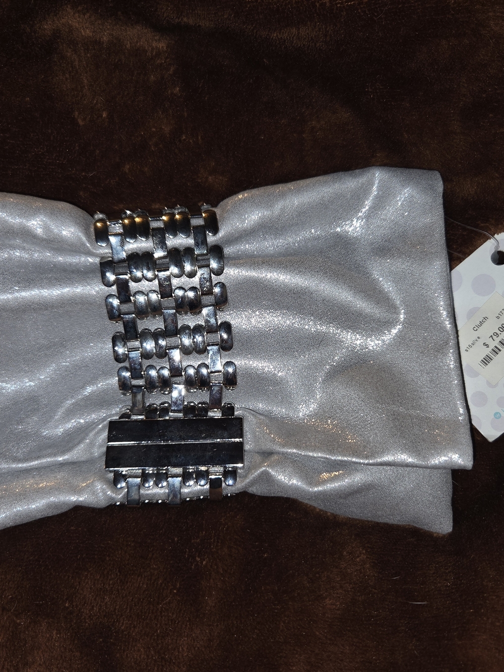 Silver Metallic Evening Clutch with Chain Accent By Joydrop